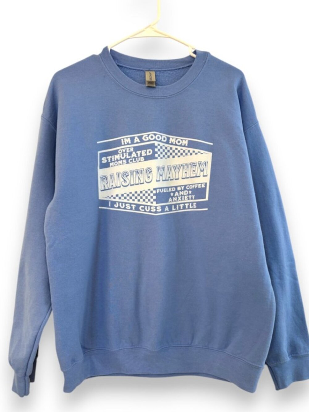 Overstimulated Mom Club Blue Crewneck Boutique Sweatshirt Graphic Funny Medium